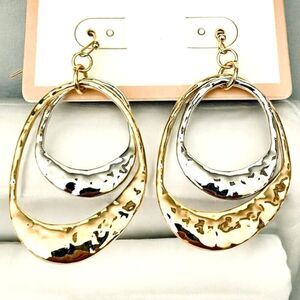 NWT Carole INC Gold Silver Tone Textured Dangle Drop Double Hoops Hoop earrings